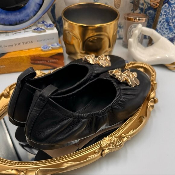 🆕 TORY BURCH 🧿 BNWOB Black Sheepskin Leather Abstract Logo Scrunch Ballet Flat - Picture 5 of 15